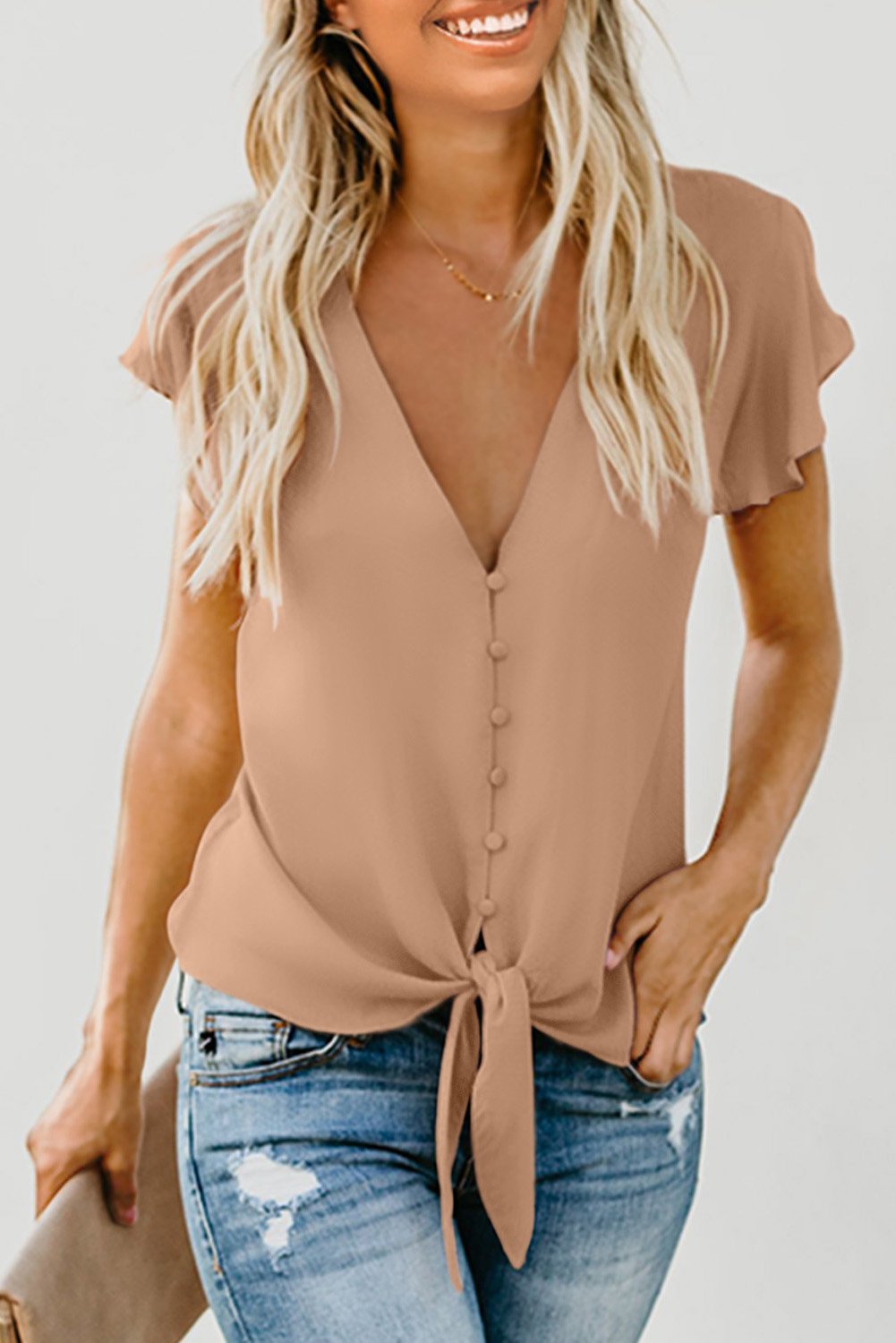 Apricot Short Sleeve Forever Tonight Button Down Tie Top