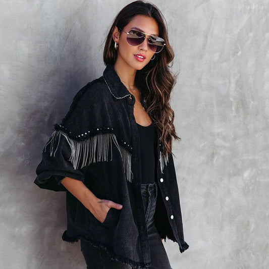 Tassels Fringed Oversize Black Denim Jacket