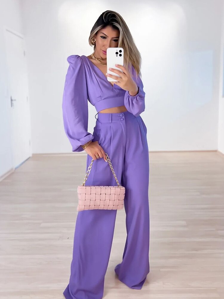 Double V Neck Lantern Sleeve Crop Top Long Pants