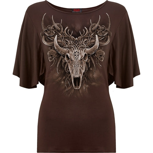 HORNED SPIRIT - Boat Neck Bat Sleeve Top Chocolate