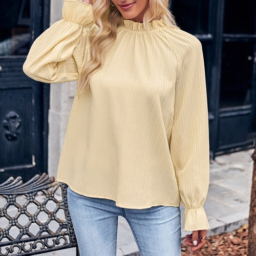 Elegant Casual Ruffle Collar Long Sleeve Blouse New Solid Color Simple