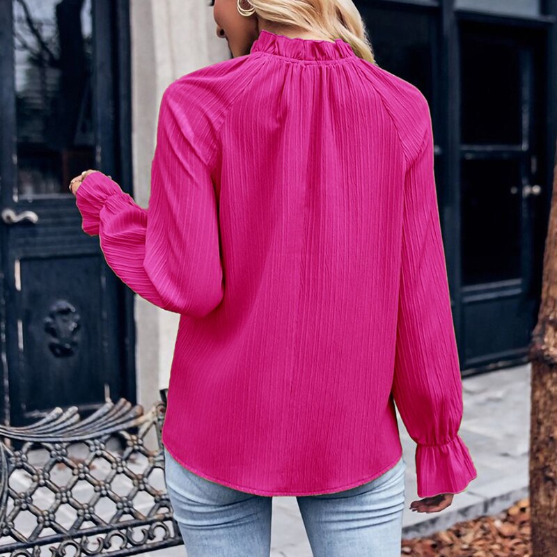 Elegant Casual Ruffle Collar Long Sleeve Blouse New Solid Color Simple