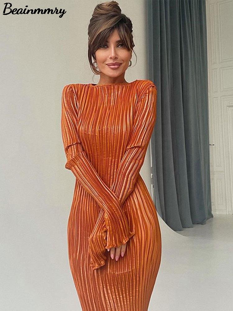 Pleated Dresses O-Neck Slim Long Sleeve Bodycon Midi Dress