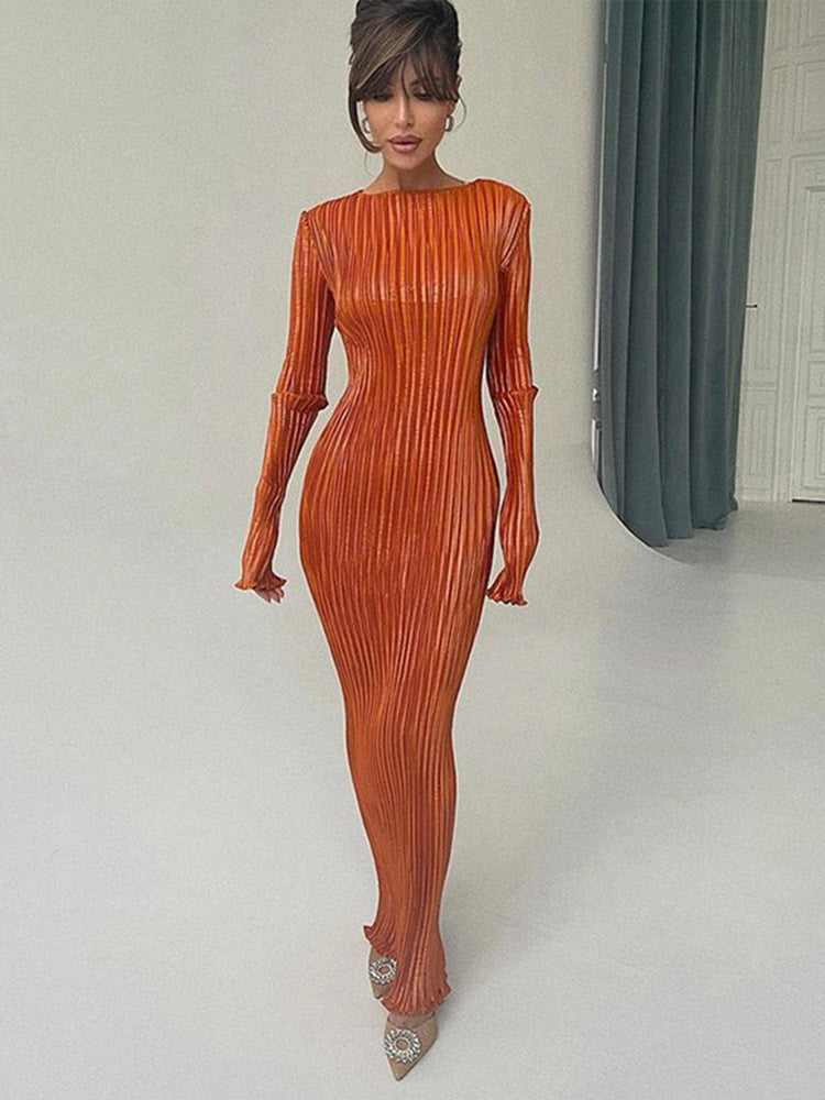 Pleated Dresses O-Neck Slim Long Sleeve Bodycon Midi Dress