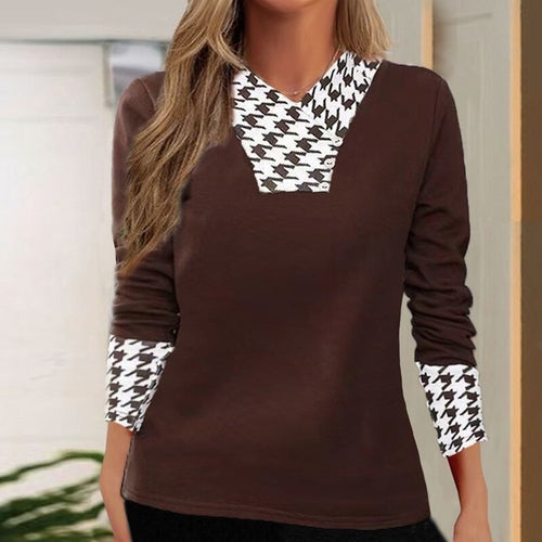 Fashion Patchwork Houndstooth Print Women's Tee Sweatshirt Autumn