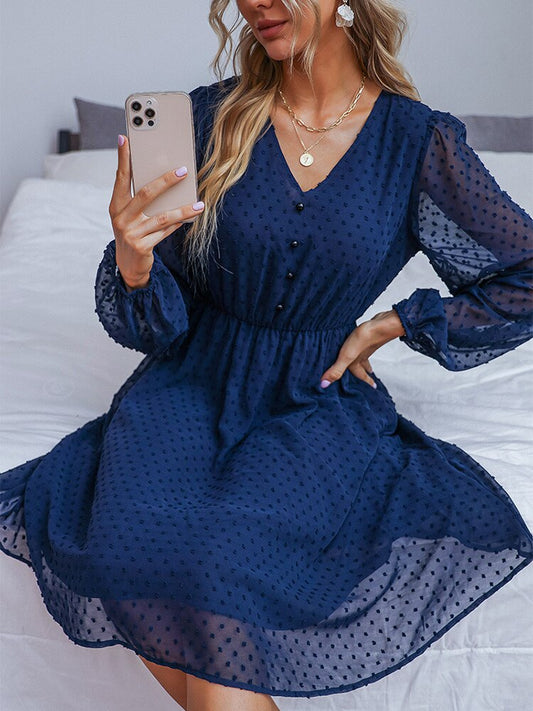 Navy Blue Polka Dot Button V Neck Transparent Dress