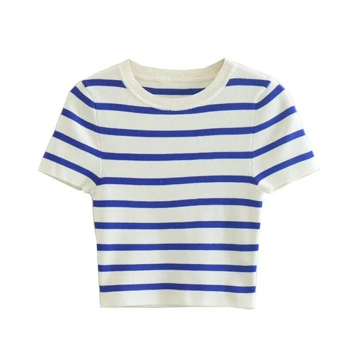 Striped Crop T Shirt Knitted Elastic Slim Casual Top