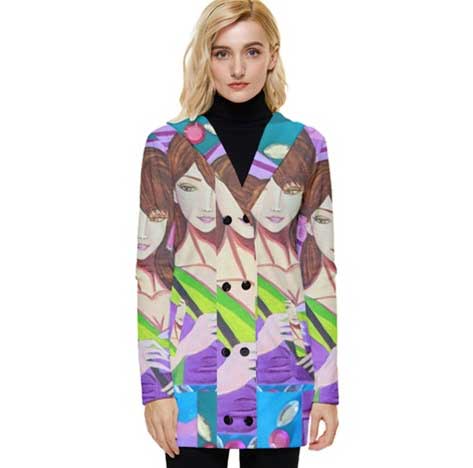 Sixties Inspired Graphic Coats Button Up Hooded Coat