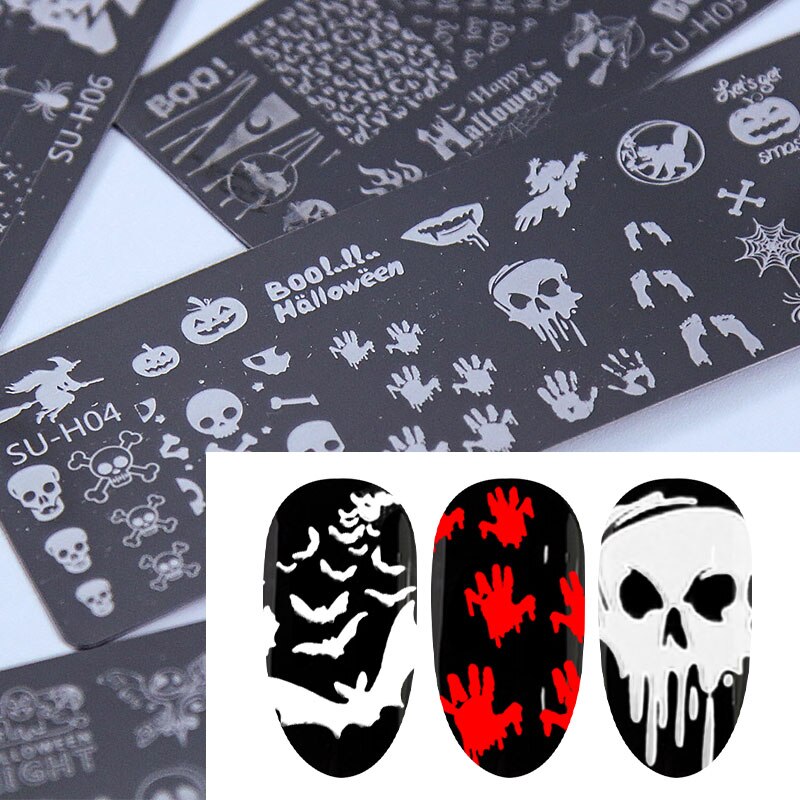 Halloween Theme Nail Stamping Plates Pumpkin Skull Bat Spider Design Stamp Templates DIY Printing Stencils Halloween Nails Tools