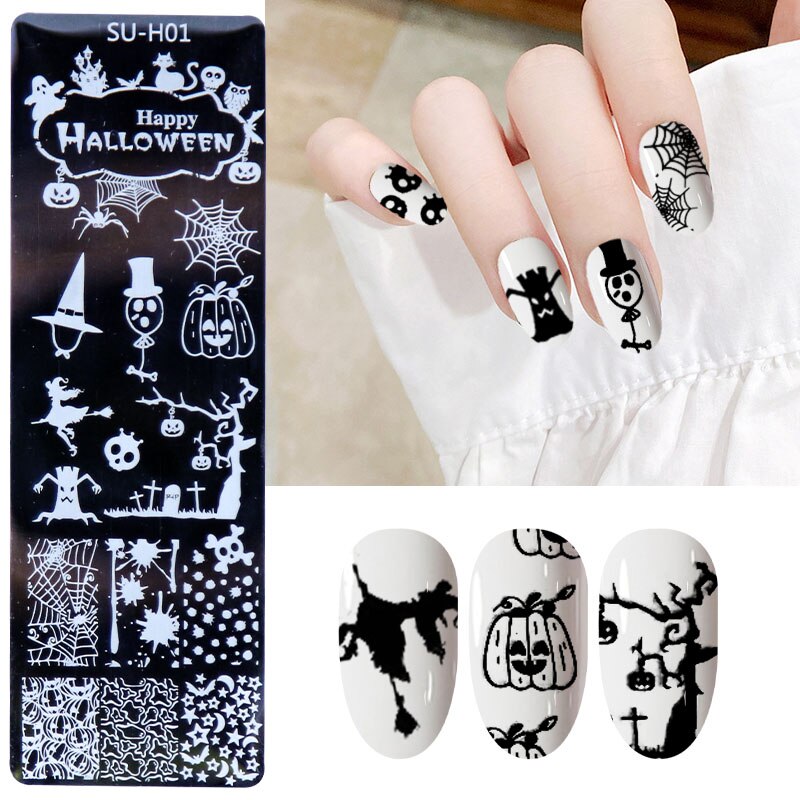 Halloween Theme Nail Stamping Plates Pumpkin Skull Bat Spider Design Stamp Templates DIY Printing Stencils Halloween Nails Tools