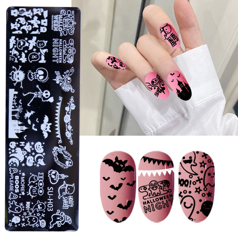 Halloween Theme Nail Stamping Plates Pumpkin Skull Bat Spider Design Stamp Templates DIY Printing Stencils Halloween Nails Tools