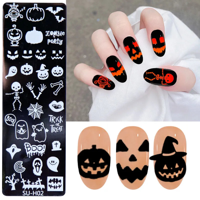 Halloween Theme Nail Stamping Plates Pumpkin Skull Bat Spider Design Stamp Templates DIY Printing Stencils Halloween Nails Tools