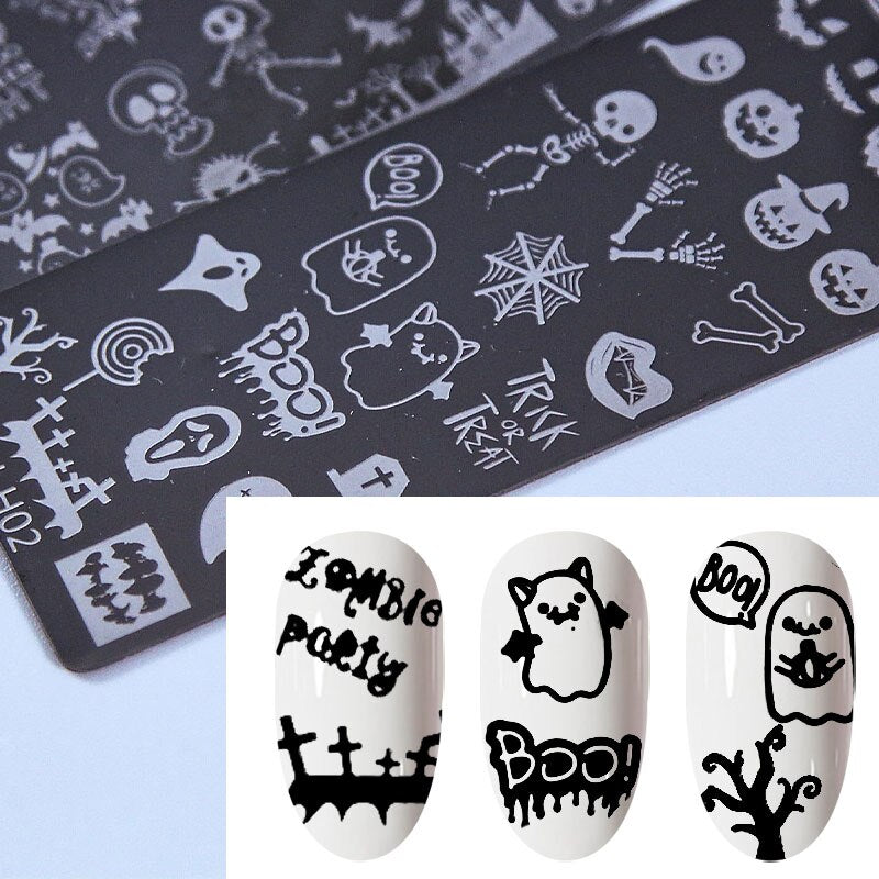 Halloween Theme Nail Stamping Plates Pumpkin Skull Bat Spider Design Stamp Templates DIY Printing Stencils Halloween Nails Tools