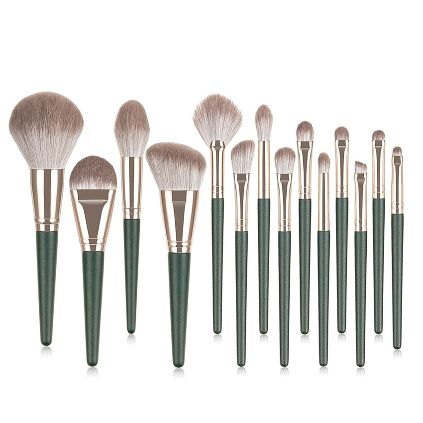 14pcs Green Cloud Makeup Brushes Cosmetics Tools Set Wooden Handle