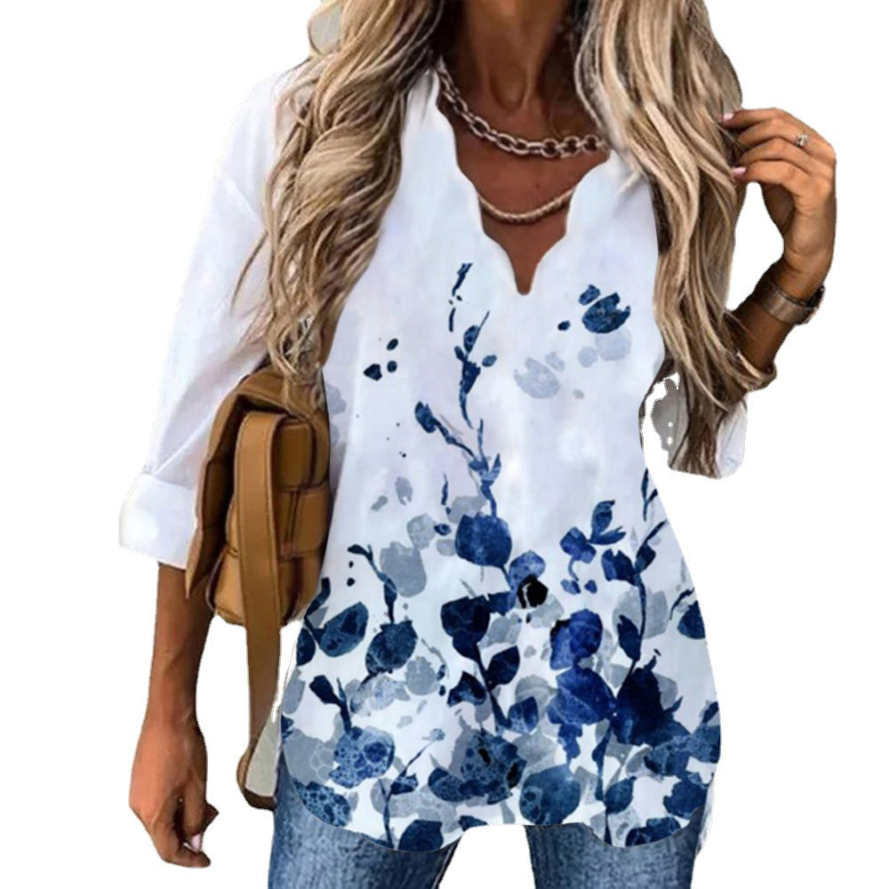 Wave Collar Shirt Printed Long-sleeved Tops