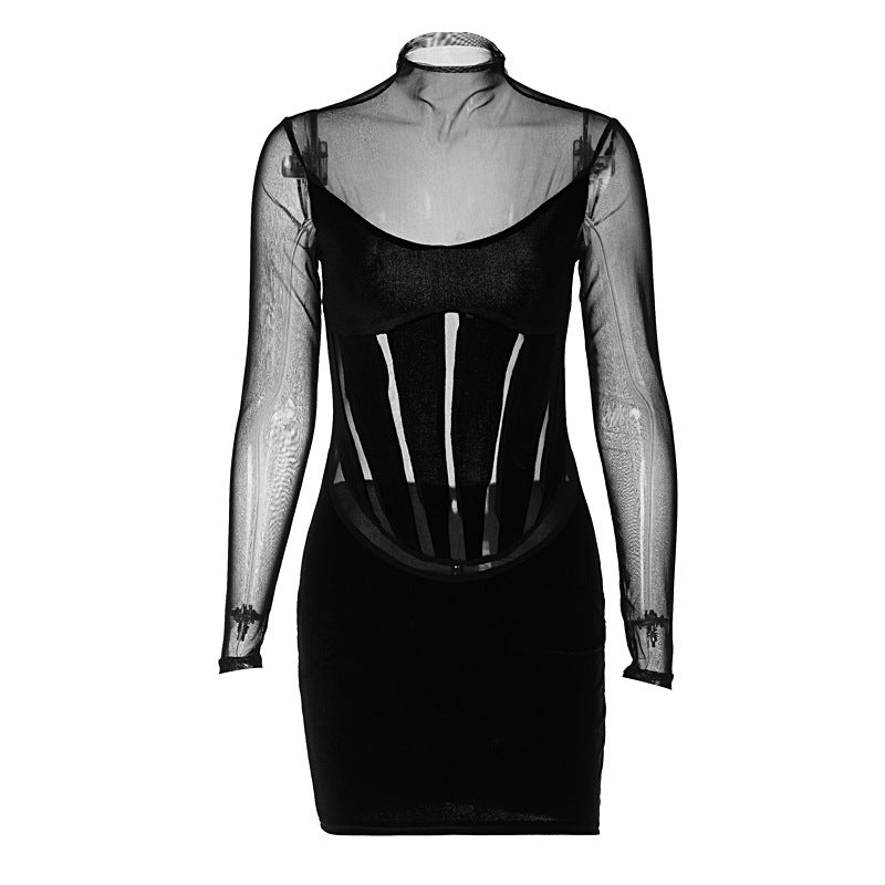 Solid Color Sheer Mesh Splice Bodycon Dress with High Waist