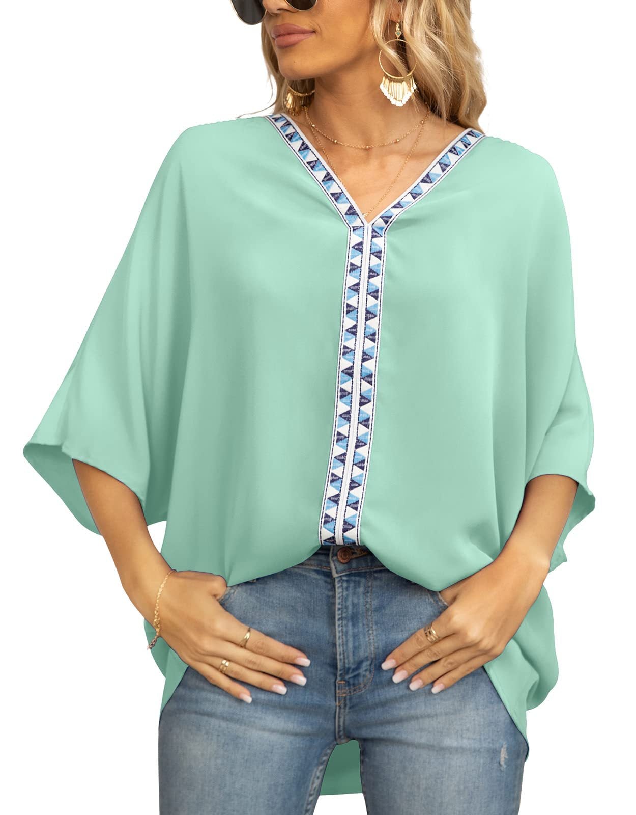 Batwing Sleeve Chiffon Shirt with V-Neckline and Short Sleeves