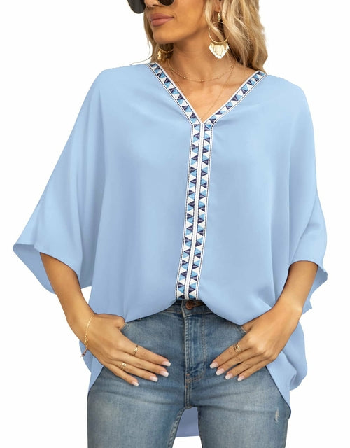 Batwing Sleeve Chiffon Shirt with V-Neckline and Short Sleeves