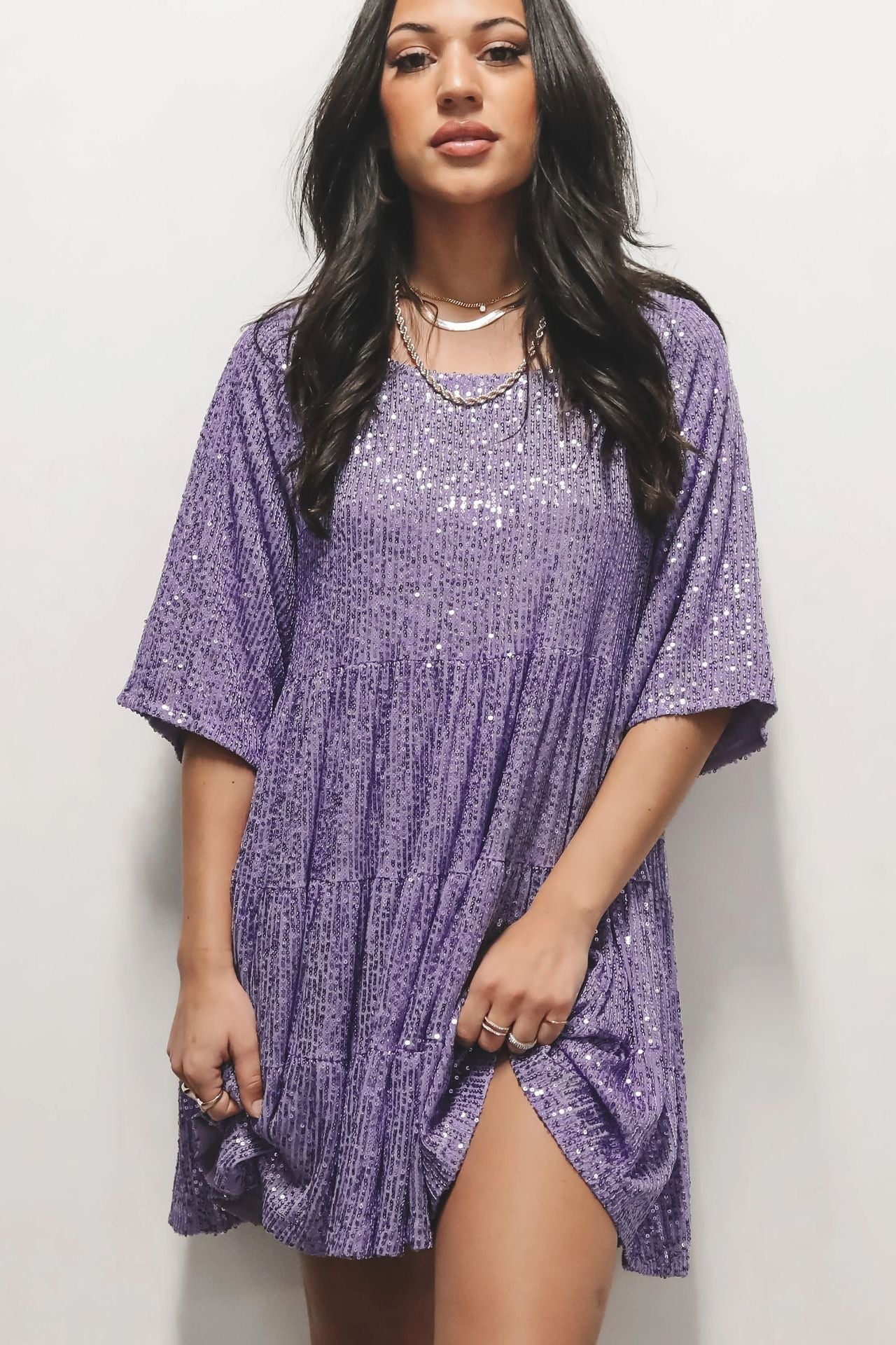 Round Neck Short Sleeve Glitter Dress