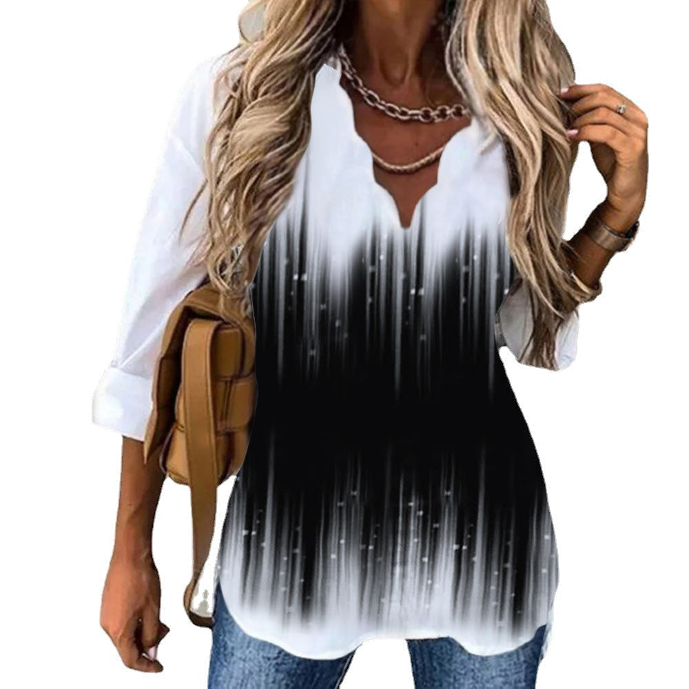 Wave Collar Shirt Printed Long-sleeved Tops