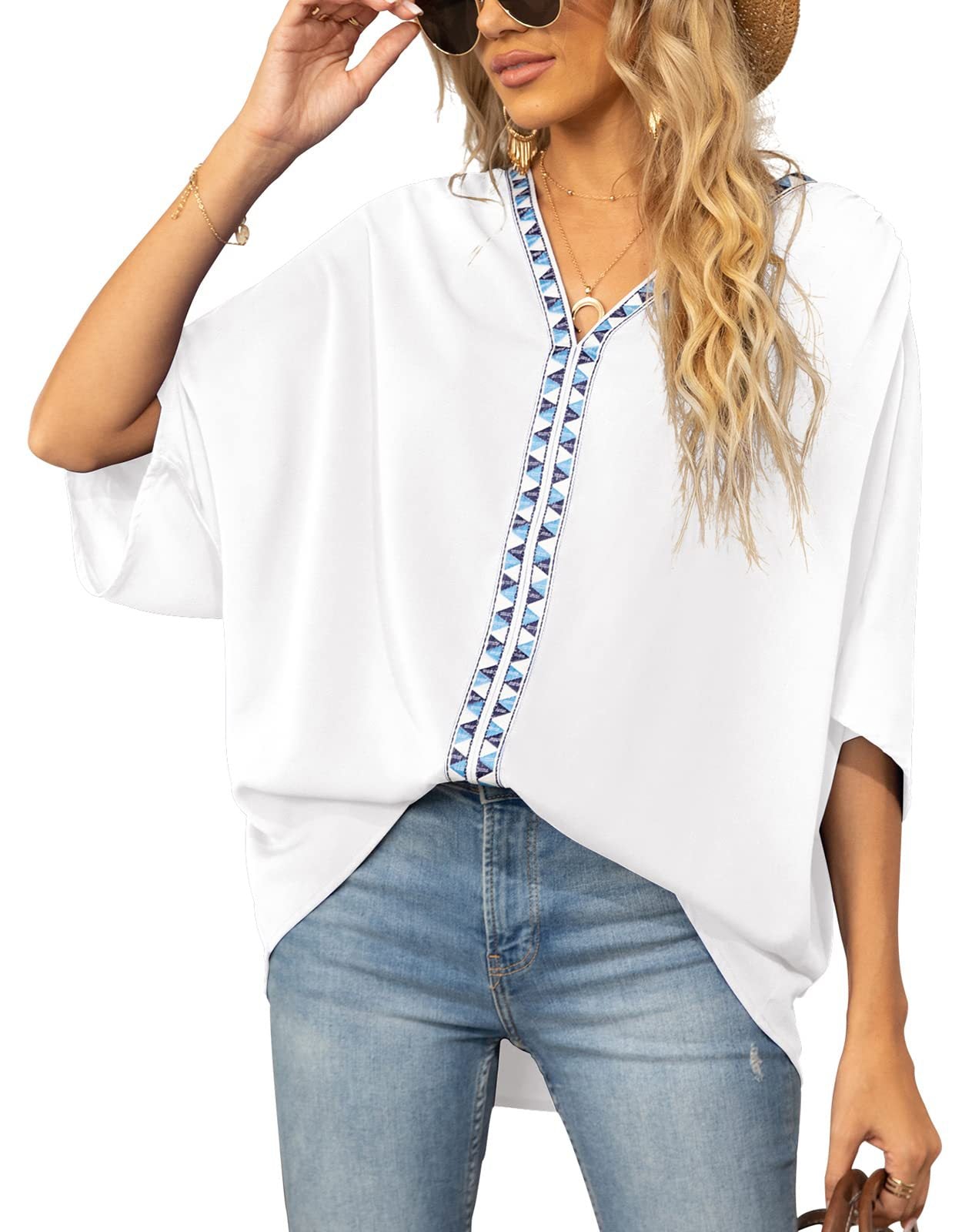 Batwing Sleeve Chiffon Shirt with V-Neckline and Short Sleeves