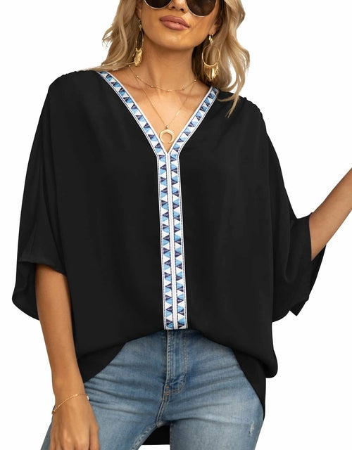 Batwing Sleeve Chiffon Shirt with V-Neckline and Short Sleeves