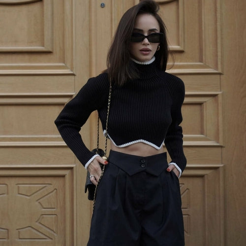 Irregular Hem High Neck Short Sweater for Women