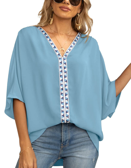 Batwing Sleeve Chiffon Shirt with V-Neckline and Short Sleeves