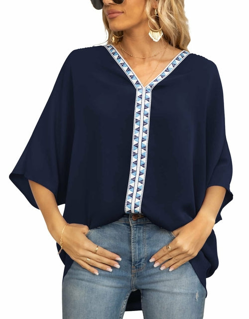 Batwing Sleeve Chiffon Shirt with V-Neckline and Short Sleeves