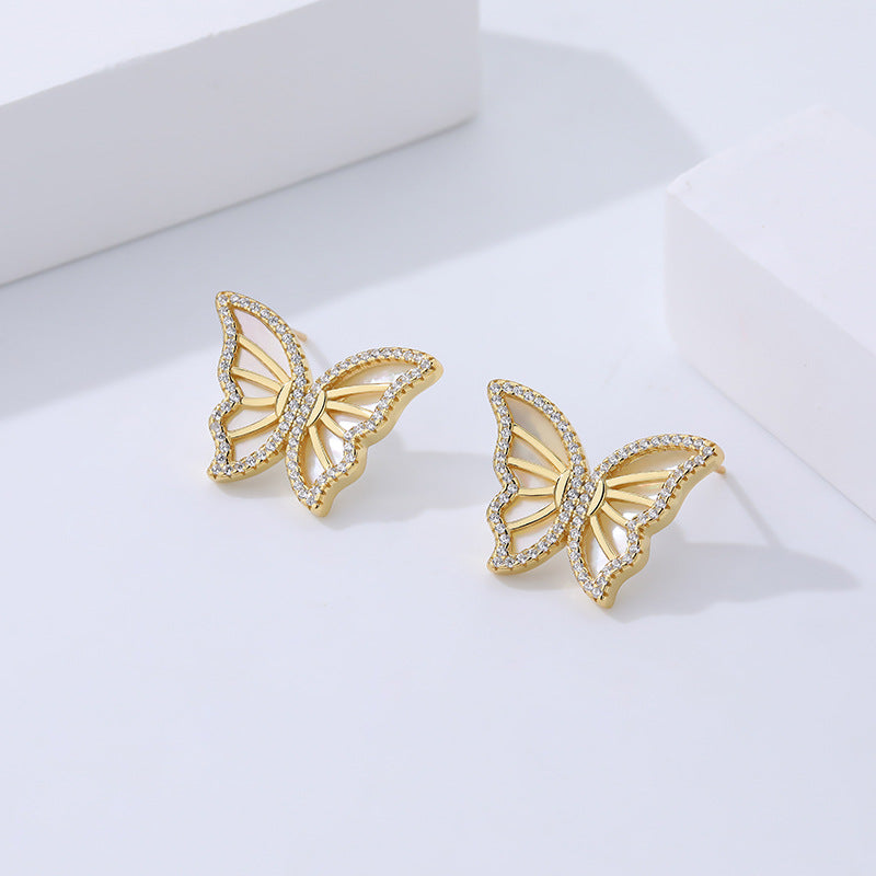 Women's Retro Micro Inlaid Zircon Sterling Silver White Shell Butterfly Earrings