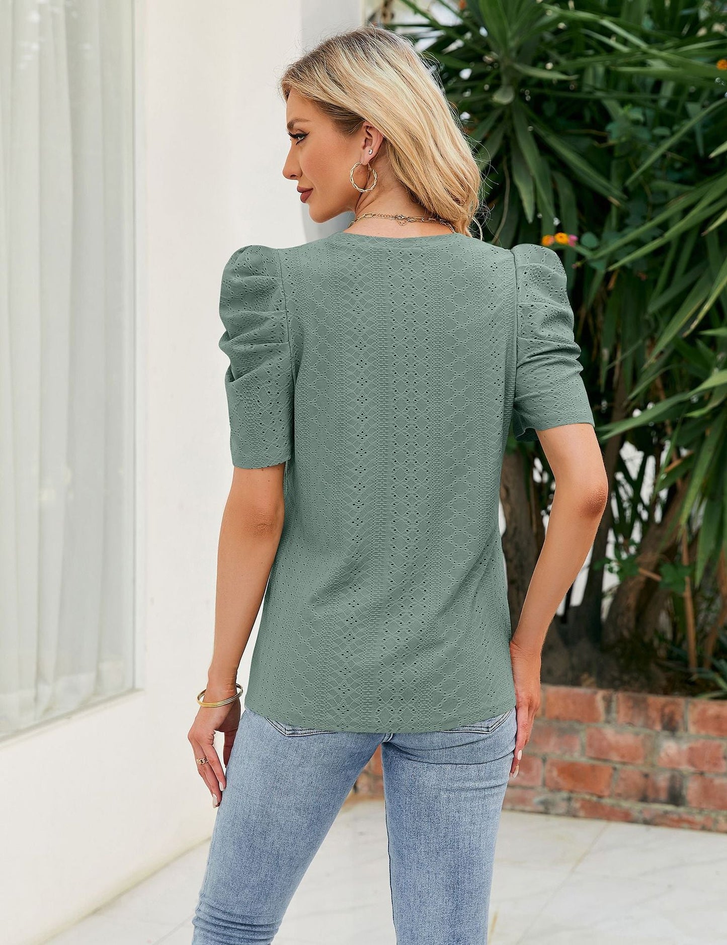 Hollowed Out Crew Neck Pleats Loose Top