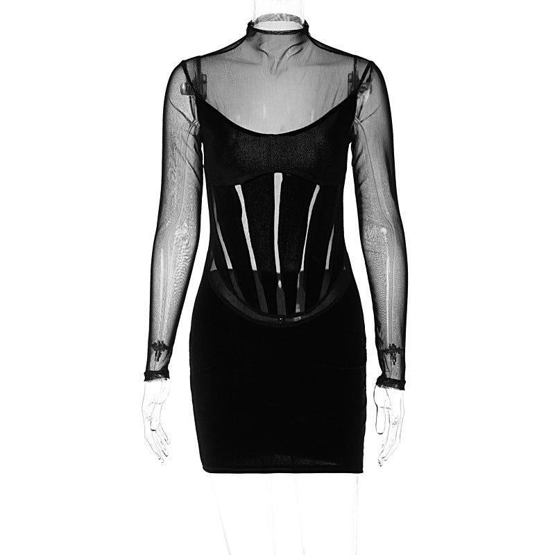 Solid Color Sheer Mesh Splice Bodycon Dress with High Waist