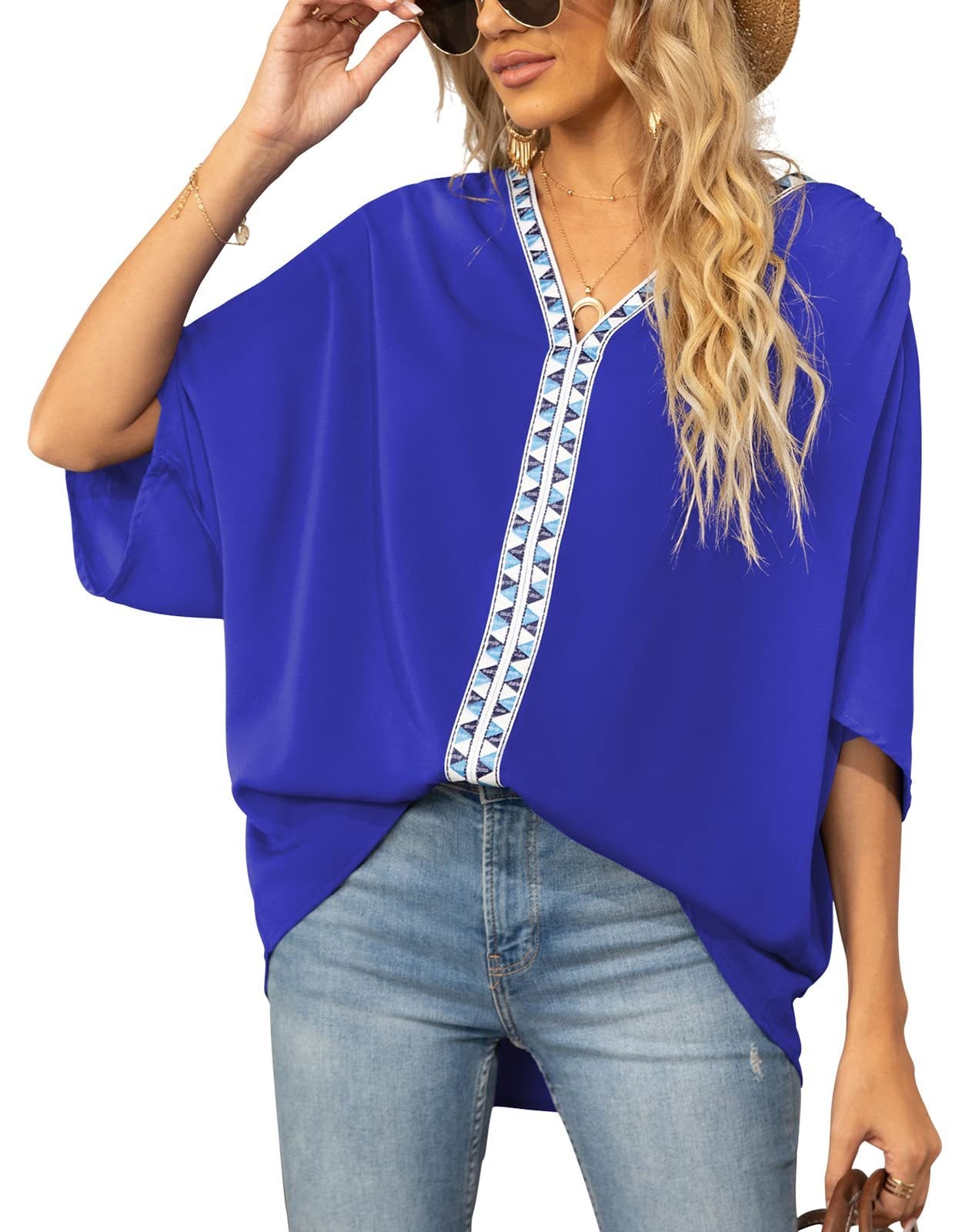 Batwing Sleeve Chiffon Shirt with V-Neckline and Short Sleeves