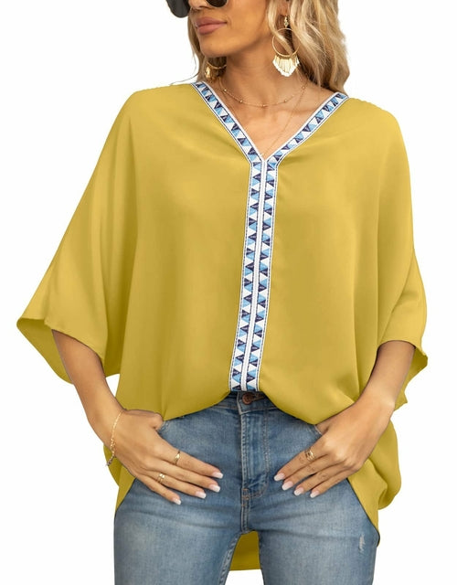 Batwing Sleeve Chiffon Shirt with V-Neckline and Short Sleeves