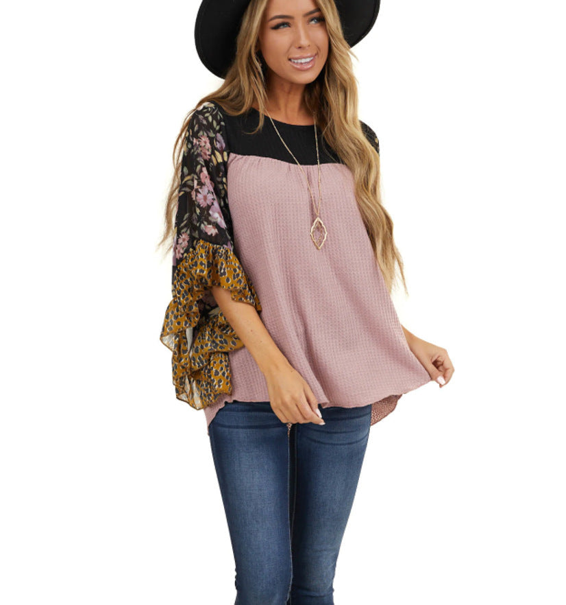 Batwing Sleeve Printed Color Block Waffle Top