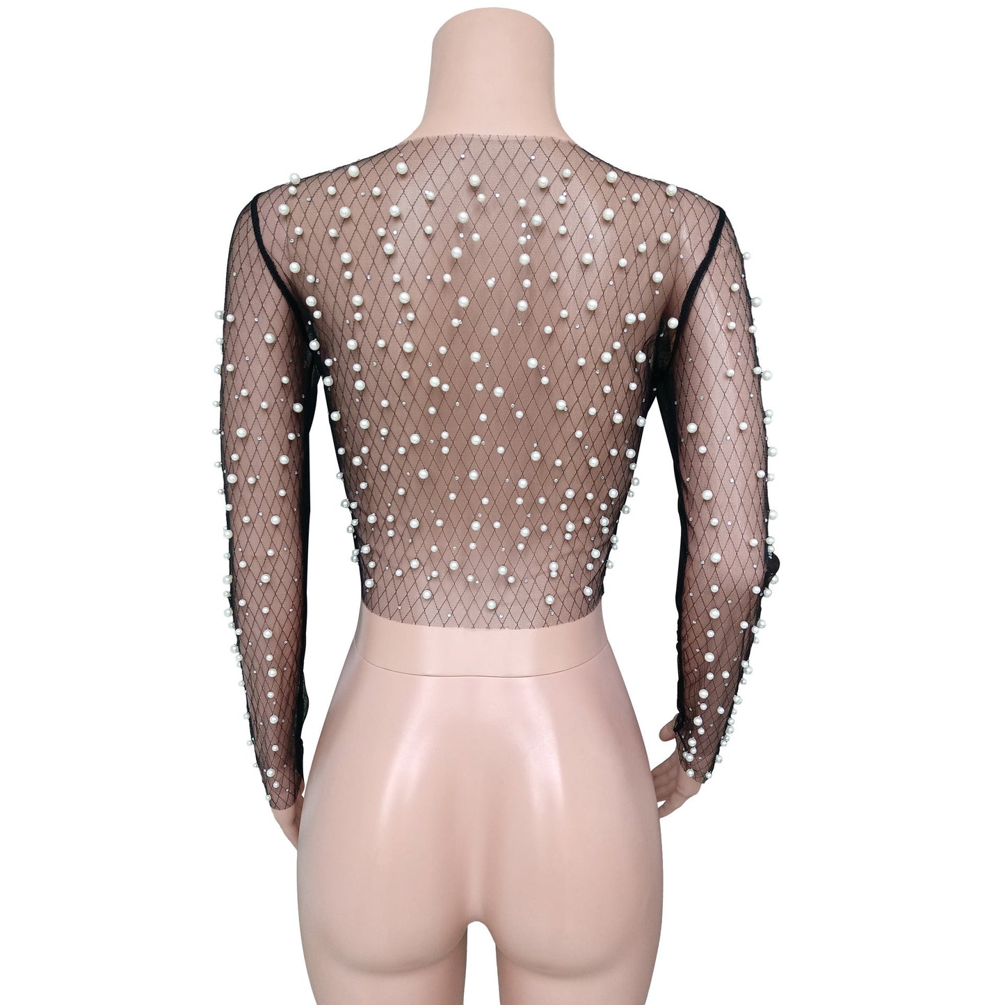 Beaded mesh gauze long sleeve blouse