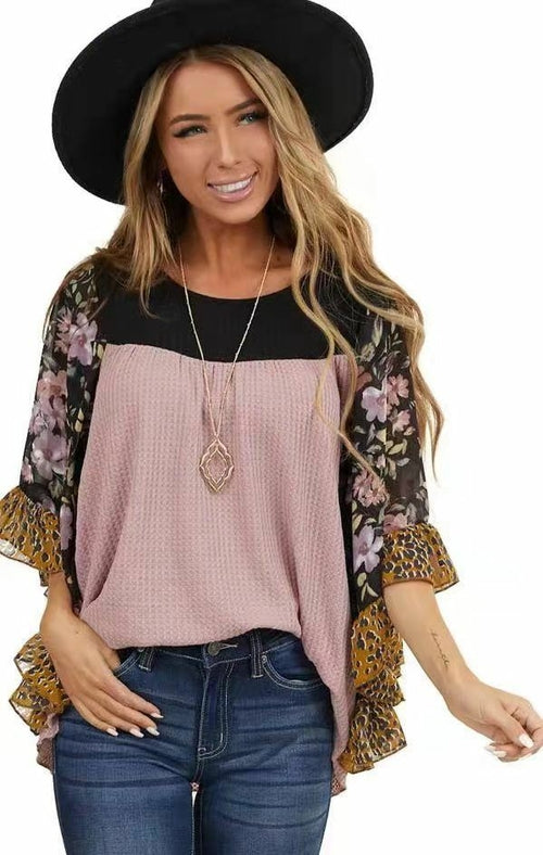 Batwing Sleeve Printed Color Block Waffle Top