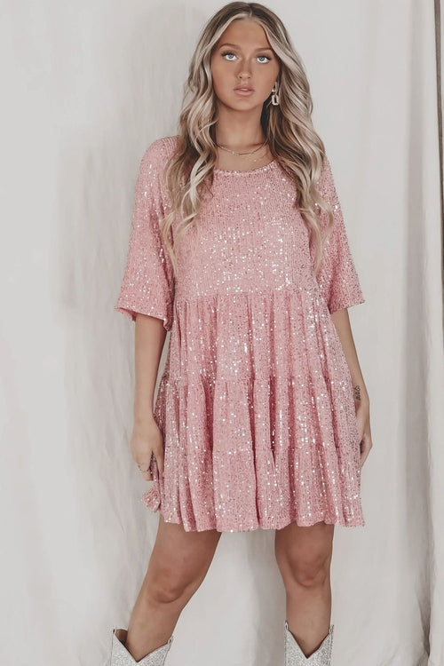 Round Neck Short Sleeve Glitter Dress