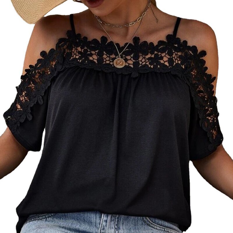 Off Shoulder Black Lace Cotton Blouse