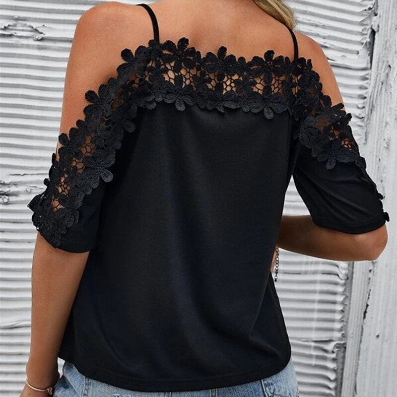 Off Shoulder Black Lace Cotton Blouse