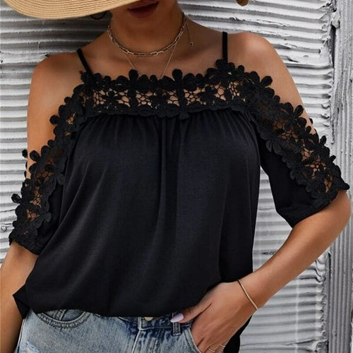 Off Shoulder Black Lace Cotton Blouse