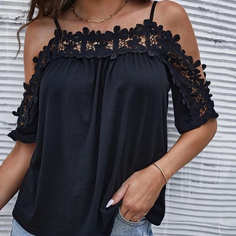 Off Shoulder Black Lace Cotton Blouse