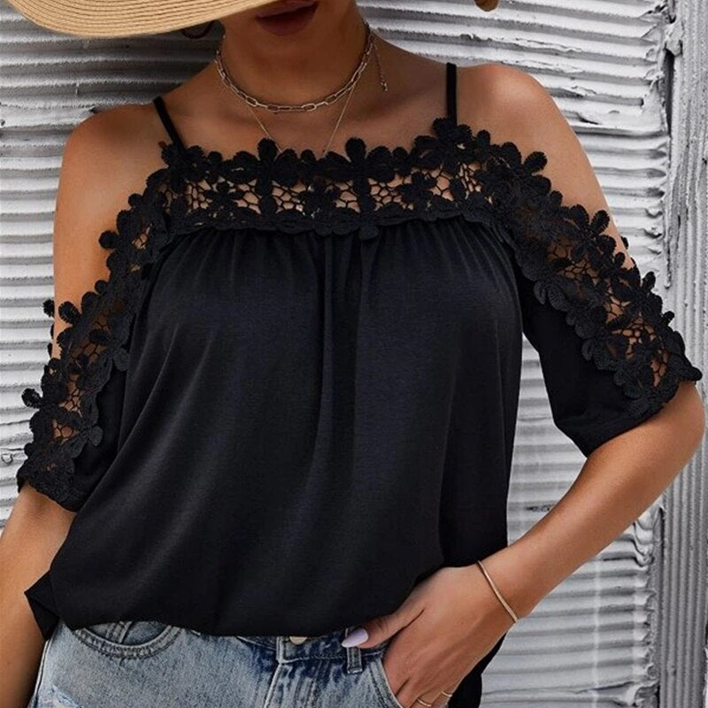 Off Shoulder Black Lace Cotton Blouse