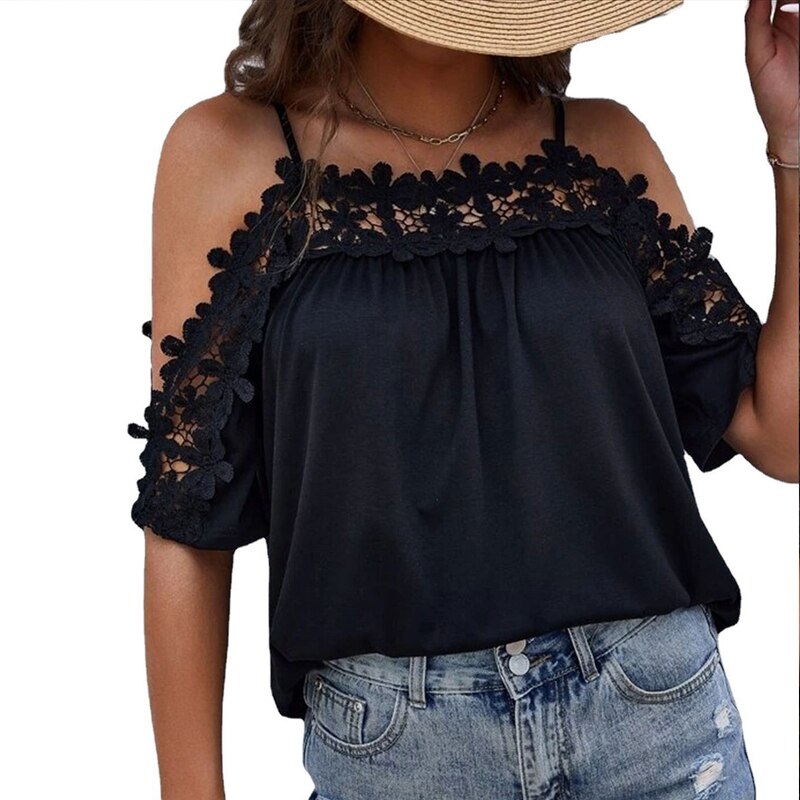 Off Shoulder Black Lace Cotton Blouse