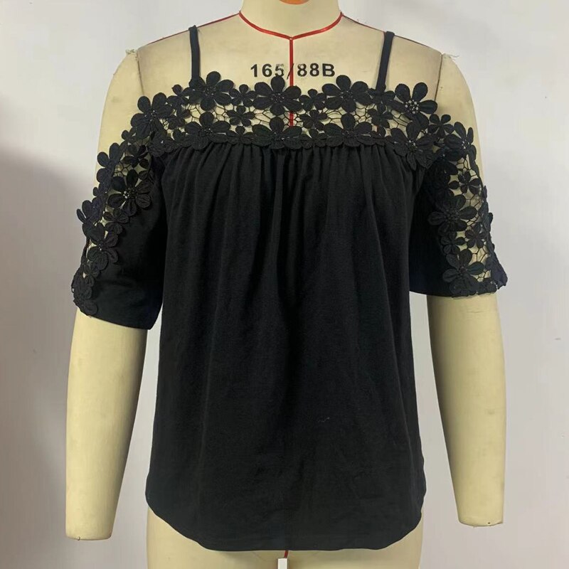 Off Shoulder Black Lace Cotton Blouse