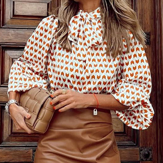 Bowknot Blouse Geometry Print Commuter Shirt