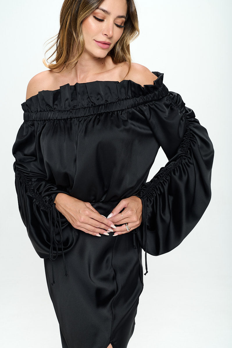 Satin Offshoulder Dress w/Ruched Sleeve and Slit