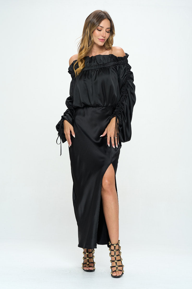 Satin Offshoulder Dress w/Ruched Sleeve and Slit