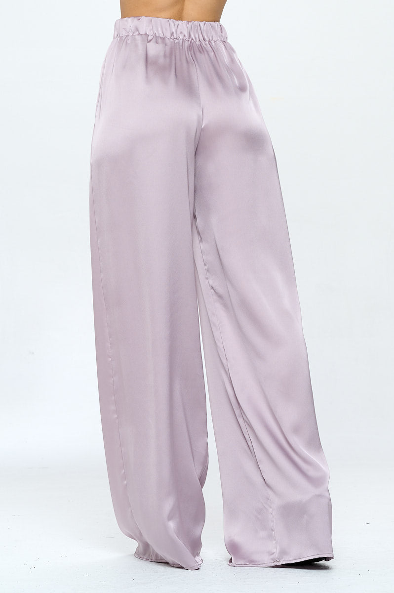 Stretch Satin Pants w/ Elastic Waist and Pockets