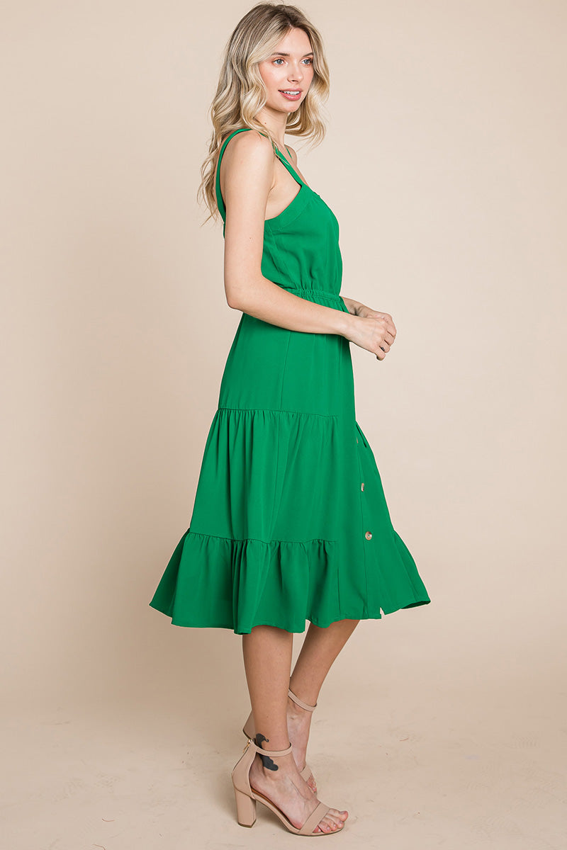 Tiered Square Neck Ruffled Button Midi Sundresses